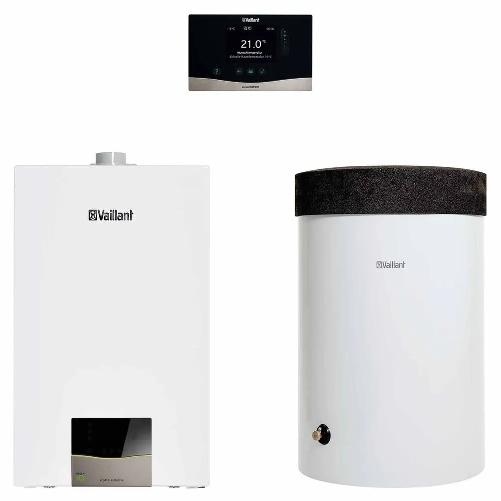 Vaillant Heizsystem mit einem weißen Heizkessel, einem Speicher und einem digitalen Thermostat zur Steuerung der Raumtemperatur.